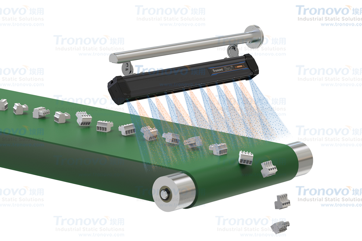 Vỏ tĩnh điện với các bộ phận bằng nhựa trên băng tải loại bỏ thanh DC